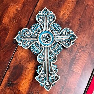 Intricate Blue and Brown Wall Cross Decor